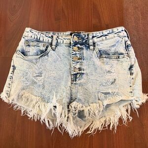 High-Rise Light Blue Acid Wash Denim Shorts with Frayed Hem